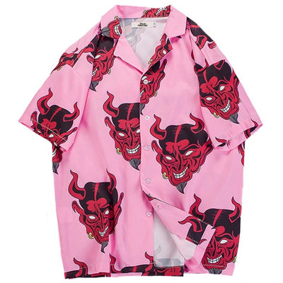 Chemise Japonaise rose au motif de Akuma vue de face